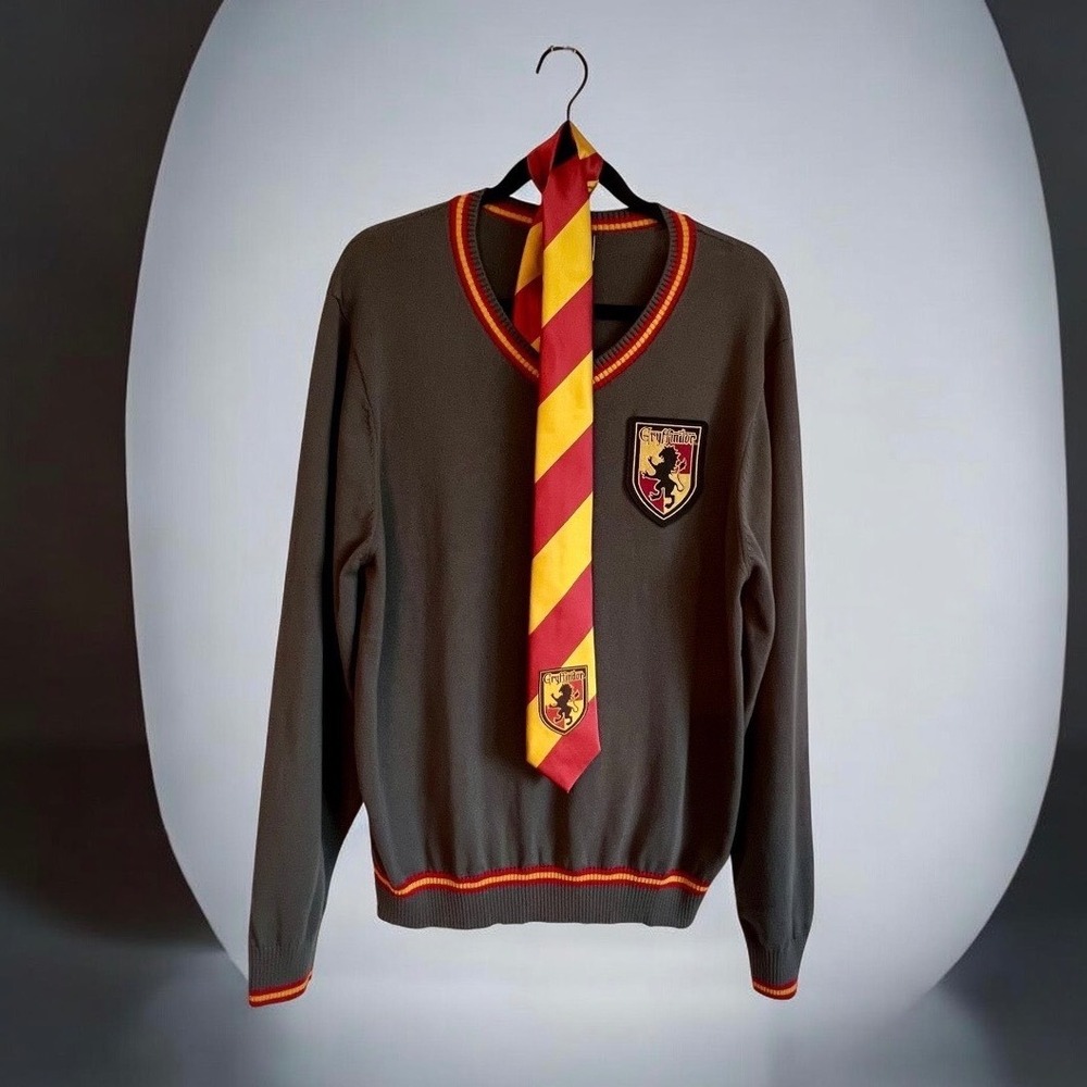 Harry Potter Gryffindor Sweater and Tie Set Grey V-Neck Hogwarts Costume Large‎
